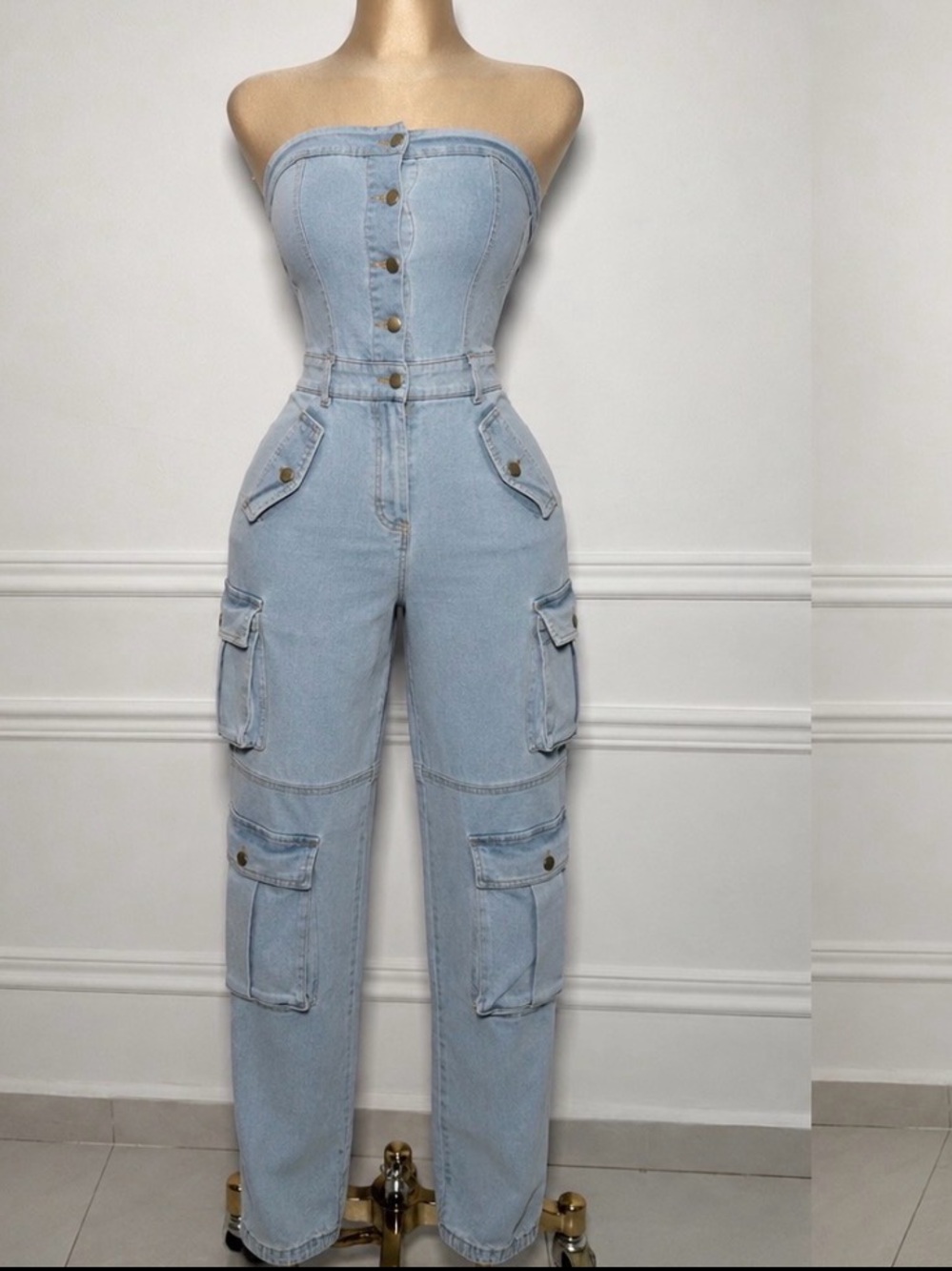 Strapless Light Blue Cargo Denim Jumpsuit Jeans